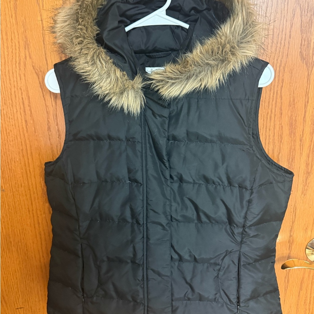 Talbots Black Puffer Vest with Faux Fur Trim Hood